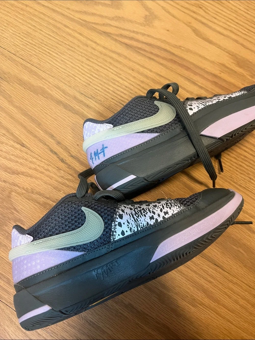 Girls Nike basketball shoes- JA morant - Gray with Pink & Blue Accents